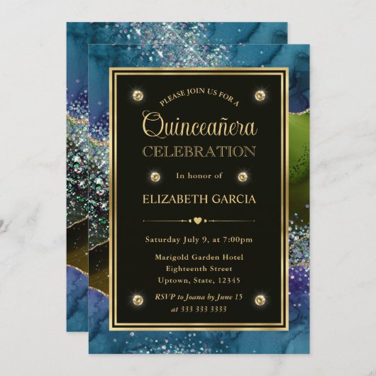 Invitation Parties scintillant bleue, verte et or Agate Quinc (Devant / Derrière)
