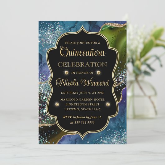 Invitation Parties scintillant bleue, verte et or Agate Quinc (Debout devant)