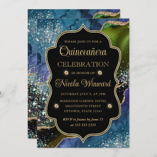 Invitation Parties scintillant bleue, verte et or Agate Quinc (Devant / Derrière)