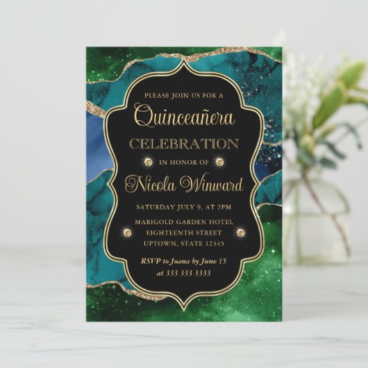 Invitation Parties scintillant bleue, verte et or Agate Quinc (Debout devant)