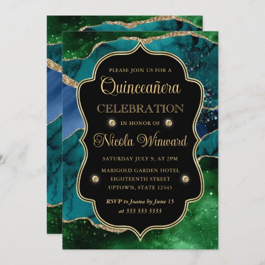 Invitation Parties scintillant bleue, verte et or Agate Quinc (Devant / Derrière)