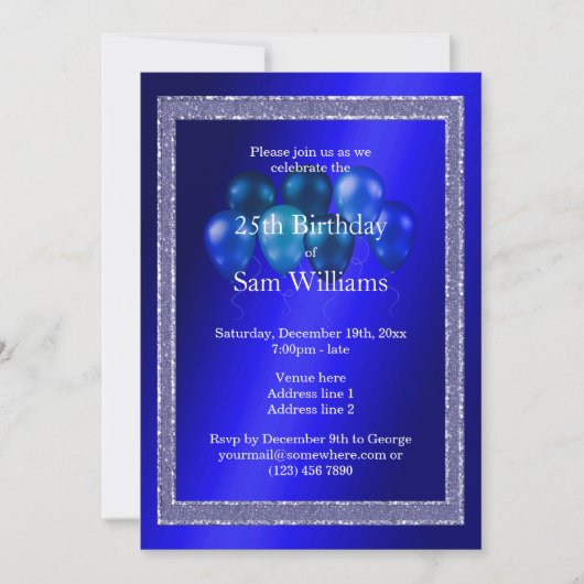 Invitation Parties scintillant bleues et ballons d'anniversai (Devant)