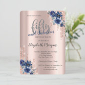 Invitation Parties scintillant Blue Flowers Rose Gold 50e ann (Debout devant)