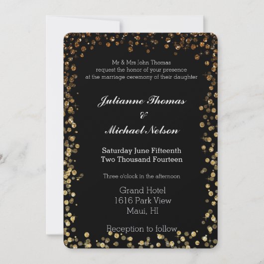 Invitation Parties scintillant Bokeh de Black et Gold Mariage (Devant)