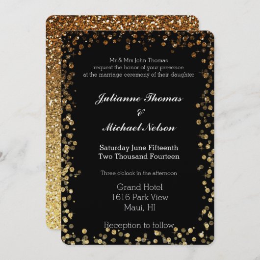 Invitation Parties scintillant Bokeh de Black et Gold Mariage (Devant / Derrière)