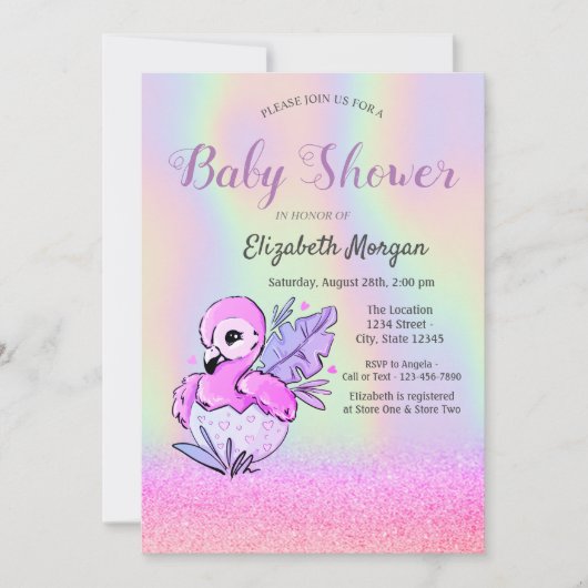 Invitation Parties scintillant Bokeh, Flamant rose, Baby show (Devant)