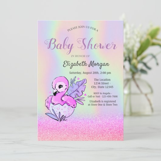 Invitation Parties scintillant Bokeh, Flamant rose, Baby show (Debout devant)