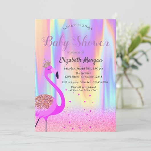 Invitation Parties scintillant Bokeh, Flamant rose, Holograph (Debout devant)
