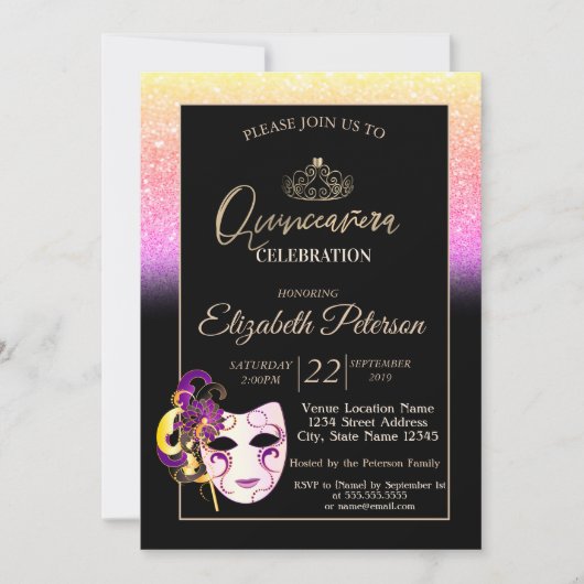 Invitation Parties scintillant Bokeh, Tiara, Masquerade Quinc (Devant)