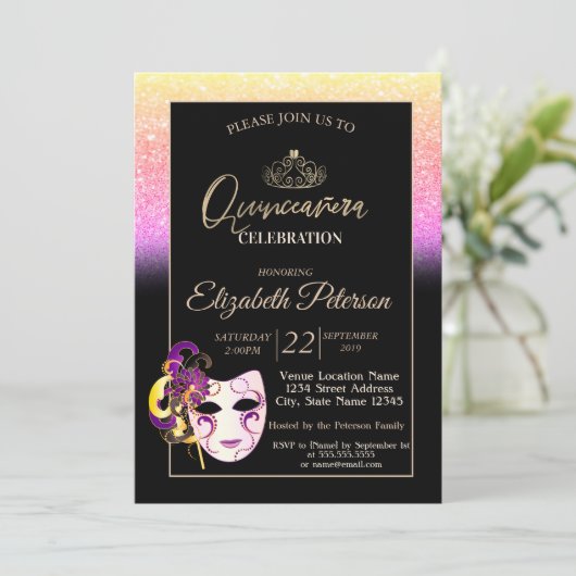 Invitation Parties scintillant Bokeh, Tiara, Masquerade Quinc (Debout devant)