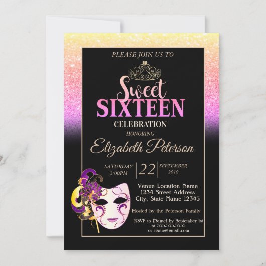 Invitation Parties scintillant Bokeh, Tiara, Masquerade Sweet (Devant)