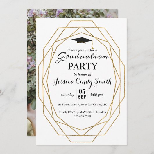 Invitation Parties scintillant Cadre géométrique Photo Gradua (Devant / Derrière)