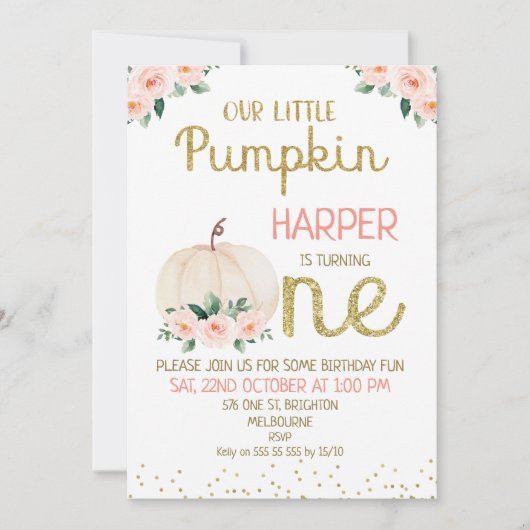 Invitation Parties scintillant Calligraphie Citrouille 1er an (Devant)