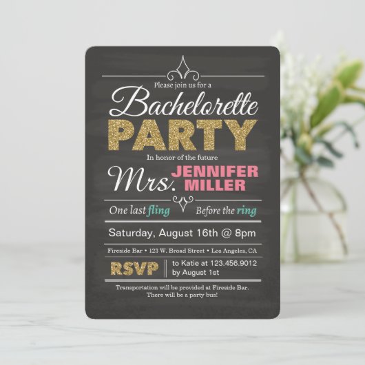 Invitation Parties scintillant Chalkboard Bachelorette Party  (Debout devant)
