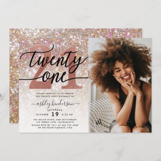 Invitation Parties scintillant Champagne 21e anniversaire Pho (Devant / Derrière)