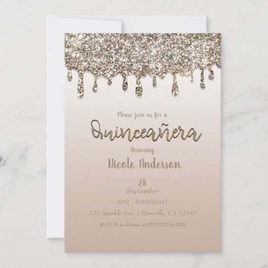Invitation Parties scintillant Champagne Gold Drip Glam Quinc (Devant)