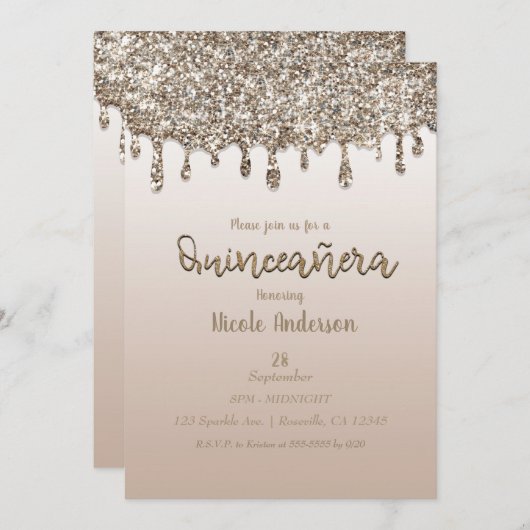 Invitation Parties scintillant Champagne Gold Drip Glam Quinc (Devant / Derrière)