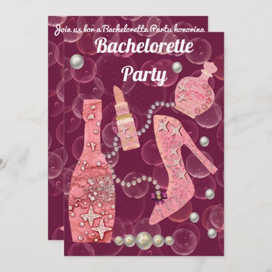 Invitation Parties scintillant Champagne & Perles Bachelorett (Devant / Derrière)