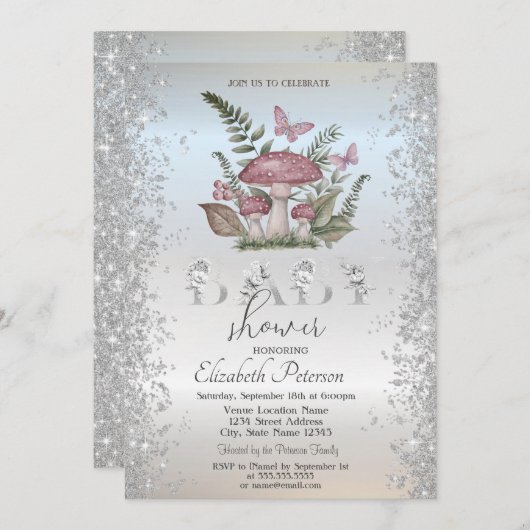 Invitation Parties scintillant Champignons Papillons Baby sho (Devant / Derrière)