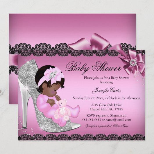 Invitation Parties scintillant Chaussure et dentelle Baby sho (Devant / Derrière)