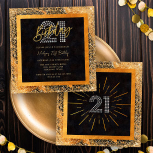Invitation Parties scintillant chic Black and Gold 21e fête d