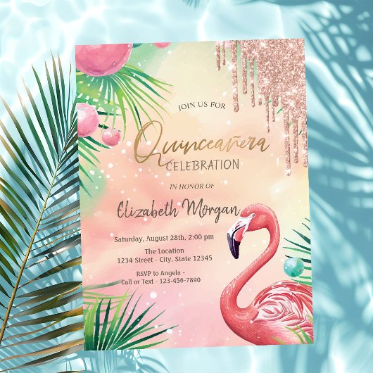 Invitation Parties scintillant chic Flamants roses roses Quin
