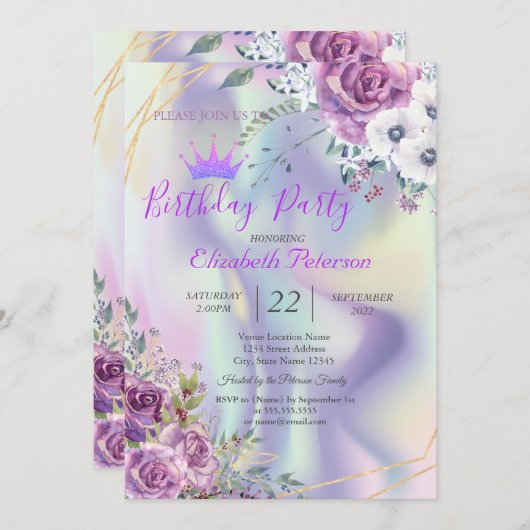 Invitation Parties scintillant Chic Fleurs Tiara Holographiqu (Devant / Derrière)