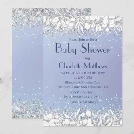 Invitation Parties scintillant chic Floral Blue Boy Baby show (Devant / Derrière)