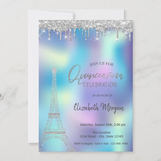 Invitation Parties scintillant chute tour Eiffel Holographiqu (Devant)