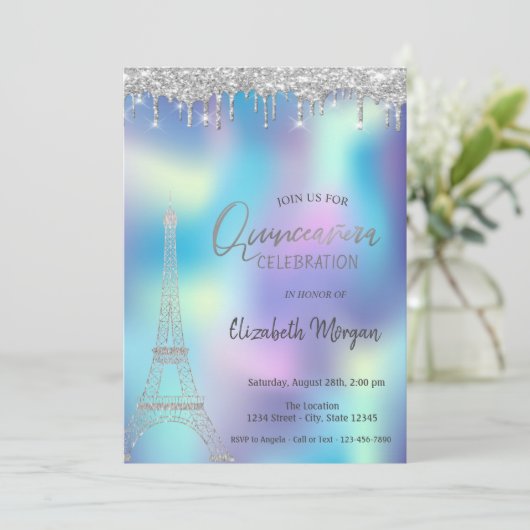 Invitation Parties scintillant chute tour Eiffel Holographiqu (Debout devant)