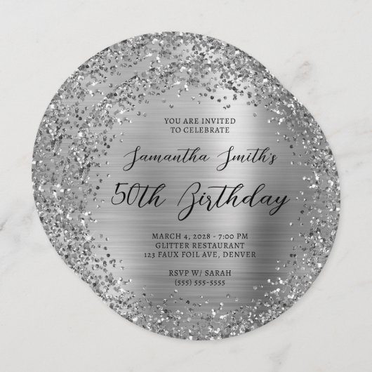 Invitation Parties scintillant circulaire en argent 50e anniv (Devant / Derrière)