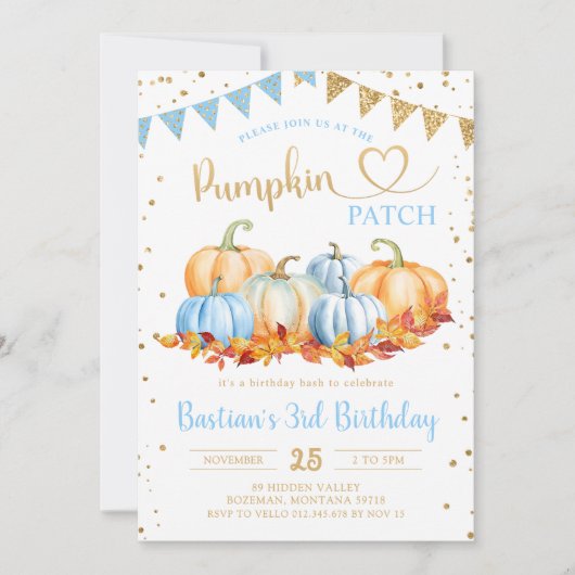 Invitation Parties scintillant Citrouille Bleu Orange Gold (Devant)