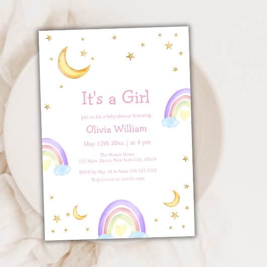 Invitation Parties scintillant coloré Rainbow Moon Star Baby