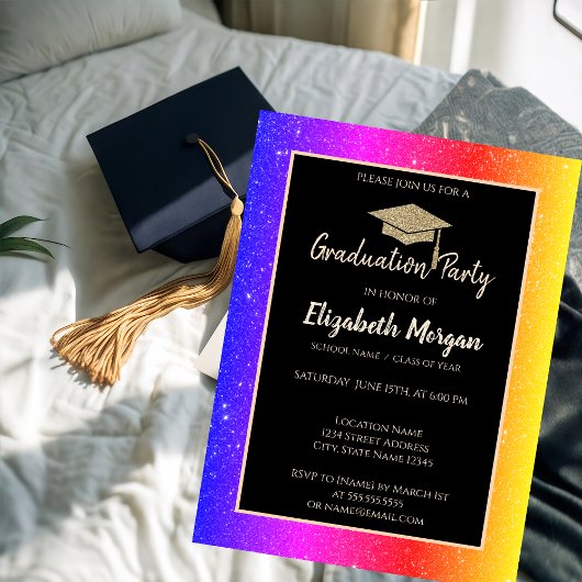 Invitation Parties scintillant colorée Gold Graduation Cap