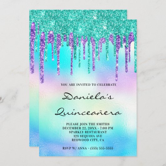 Invitation Parties scintillant colorée goutte Iridescente Qui (Devant / Derrière)