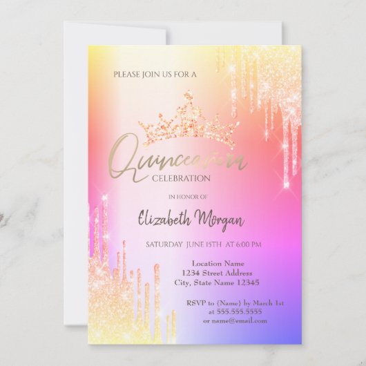 Invitation Parties scintillant colorée gouttes Crown Quinceañ (Devant)