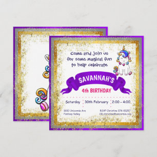 Invitation Parties scintillant colorée Unicorne violet
