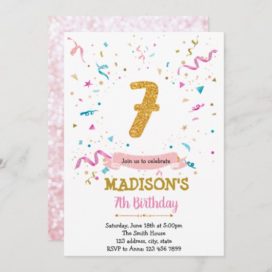 Invitation Parties scintillant Confetti 7e anniversaire invit (Devant / Derrière)