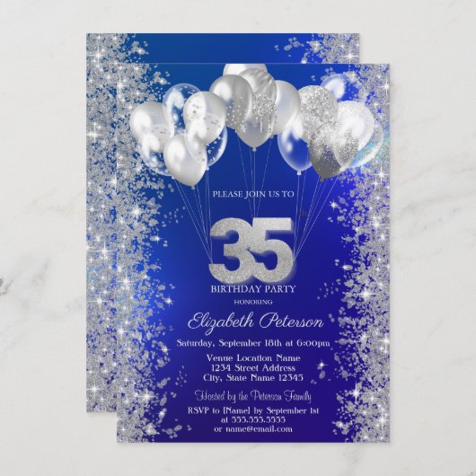 Invitation Parties scintillant Confetti Ballons Marine Bleu 3 (Devant / Derrière)