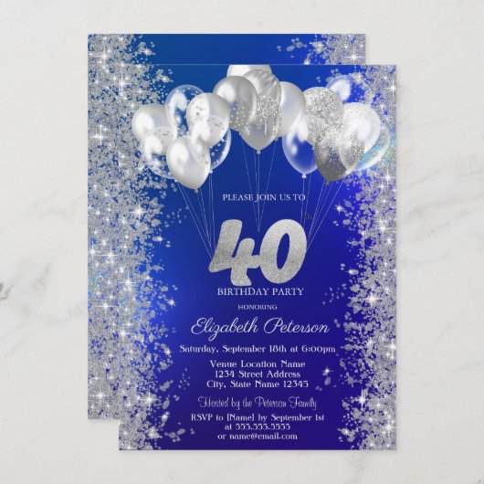 Invitation Parties scintillant Confetti Ballons Marine Bleu 4 (Devant / Derrière)