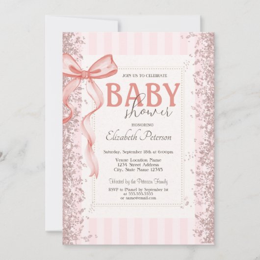 Invitation Parties scintillant Confetti Bow rose Baby shower (Devant)