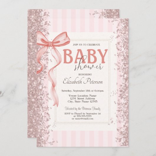 Invitation Parties scintillant Confetti Bow rose Baby shower (Devant / Derrière)