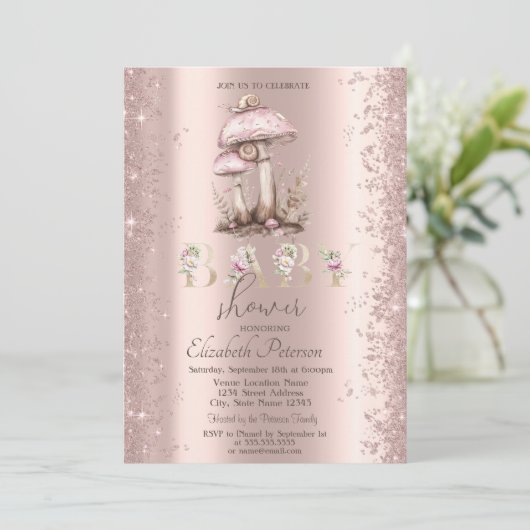 Invitation Parties scintillant Confetti Champignons Baby show (Debout devant)