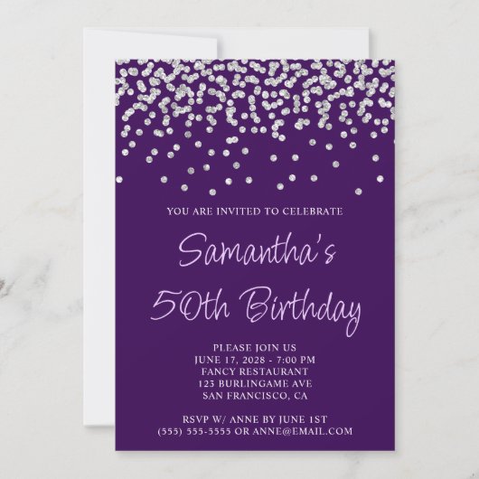 Invitation Parties scintillant Confetti en argent violet fonc (Devant)