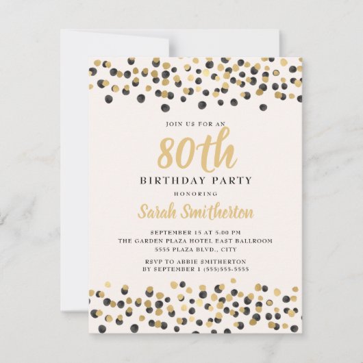 Invitation Parties scintillant Confetti en or noir blanc 80e (Devant)