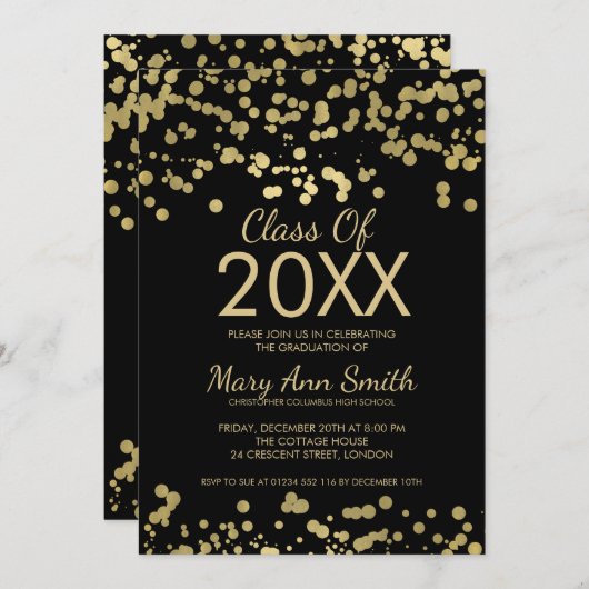 Invitation Parties scintillant Confetti Gold & Black Foil (Devant / Derrière)