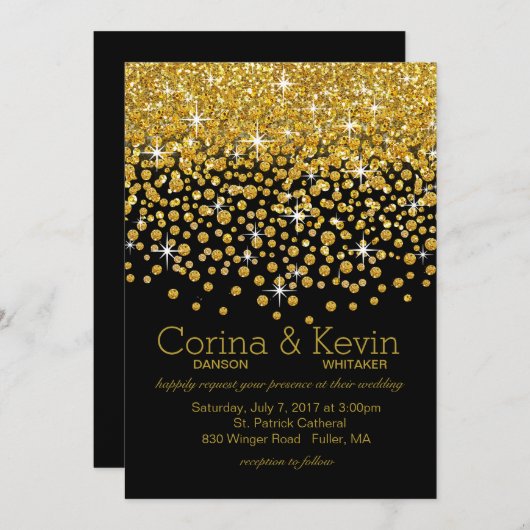 Invitation Parties scintillant Confetti Mariage douche | noir (Devant / Derrière)