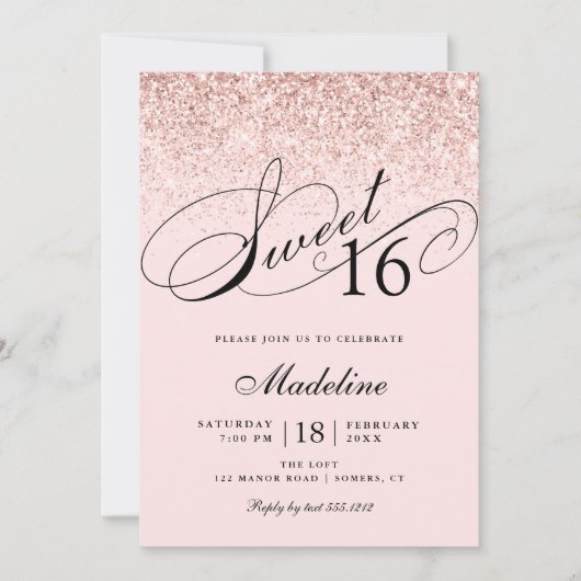 Invitation Parties scintillant Confetti Rose, Douce 16 Annive (Devant)
