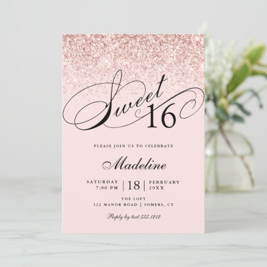 Invitation Parties scintillant Confetti Rose, Douce 16 Annive (Debout devant)