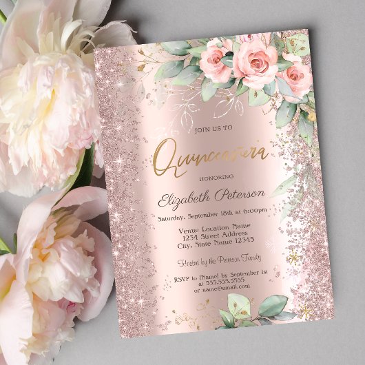 Invitation Parties scintillant Confetti Rose Gold Roses Quinc